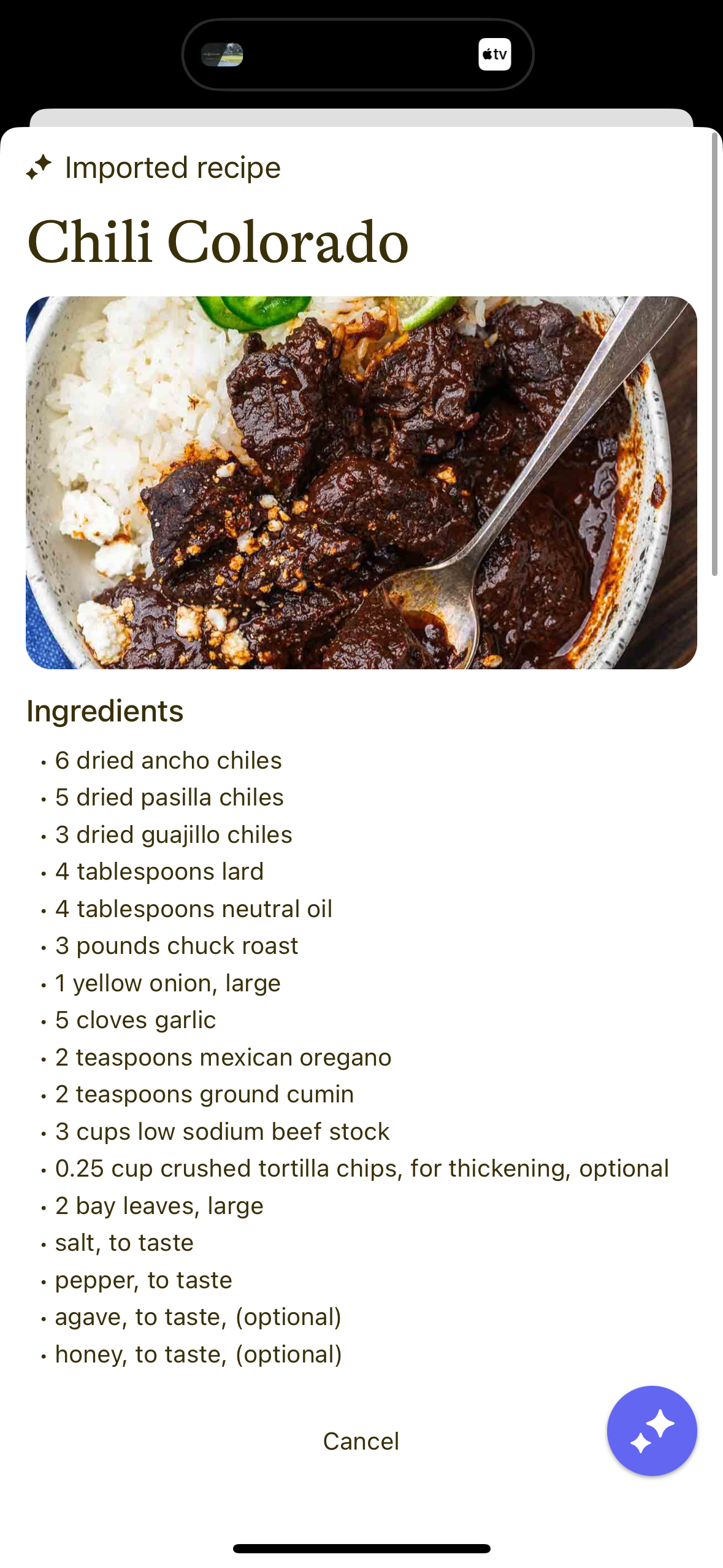 Recipe ingredients for Chili Colorado