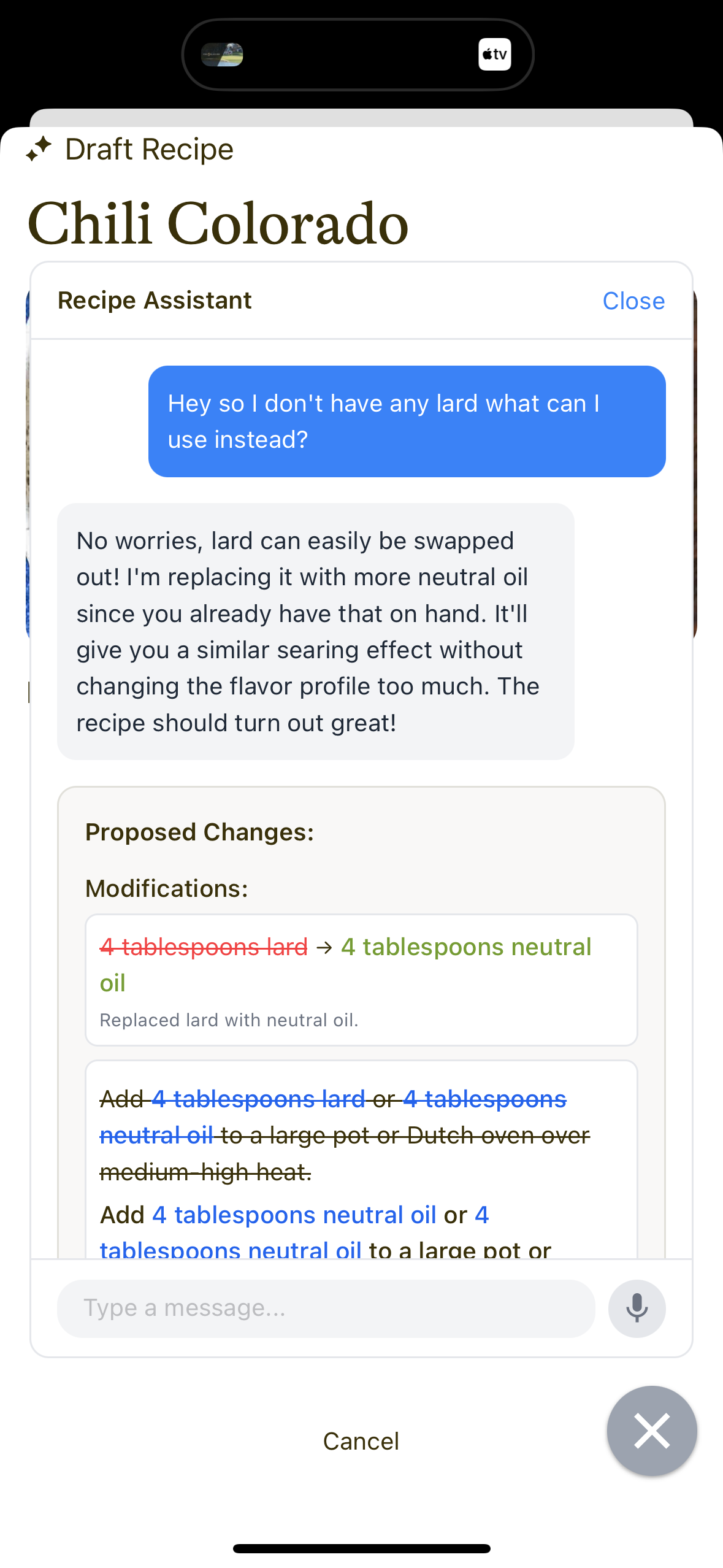 AI recipe assistant helping with ingredient substitution